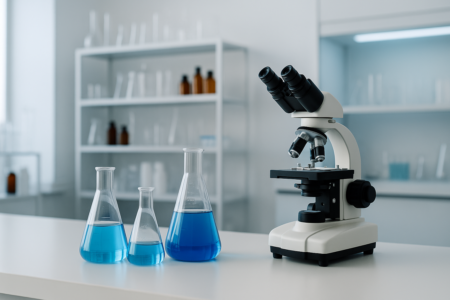 ARAS Pharma modern pharmaceutical laboratory with advanced equipment, microscope, and blue chemical solutions